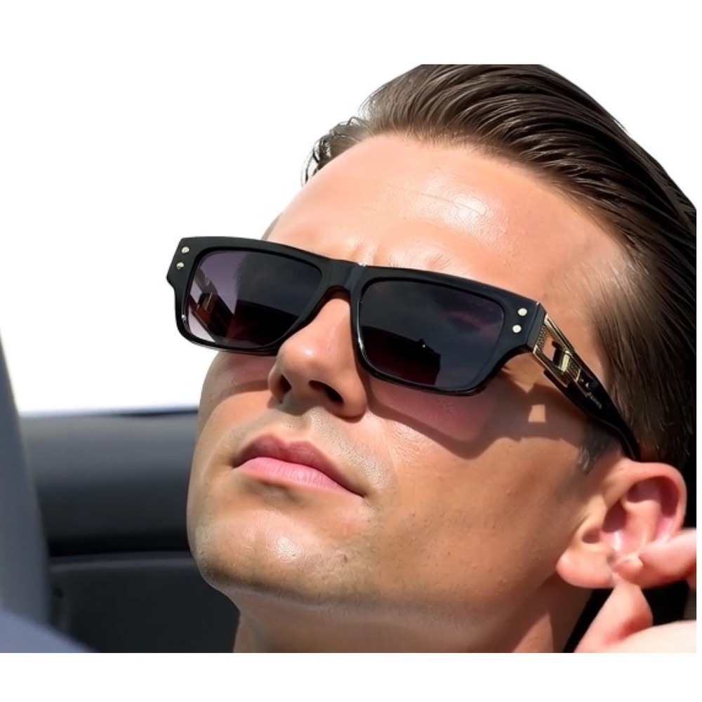 Men's Square Sunglasses Black Frame Gold Accent Fashion Shades Sophisticated New